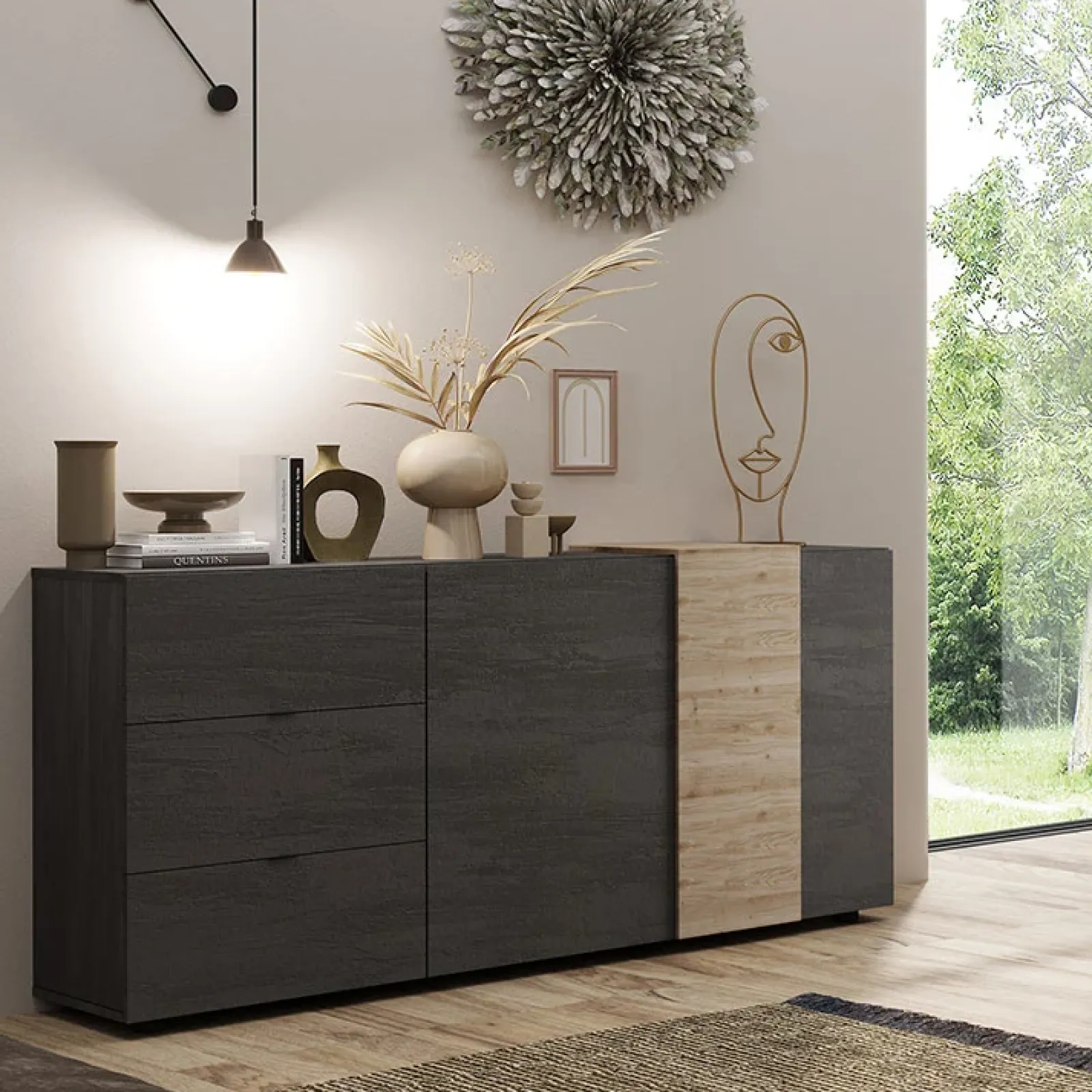 Garnero Arredamenti Madie Moderne|Madie Moderne-Madia 181x86h cm 2 ante 3 cassetti moderna titanio rovere Universal Antracite - Rovere