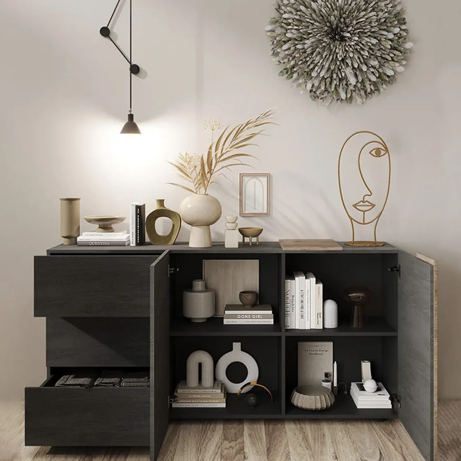 Garnero Arredamenti Madie Moderne|Madie Moderne-Madia 181x86h cm 2 ante 3 cassetti moderna titanio rovere Universal Antracite - Rovere