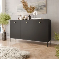 Garnero Arredamenti Madie Moderne|Madie Moderne-Madia 155x85h cm 3 ante 3 cassetti Giuggiola Nero Opaco