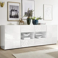 Garnero Arredamenti Credenze Moderne|Madie Moderne-Madia 241x84h cm 2 ante 4 cassetti Paradise Bianco Lucido