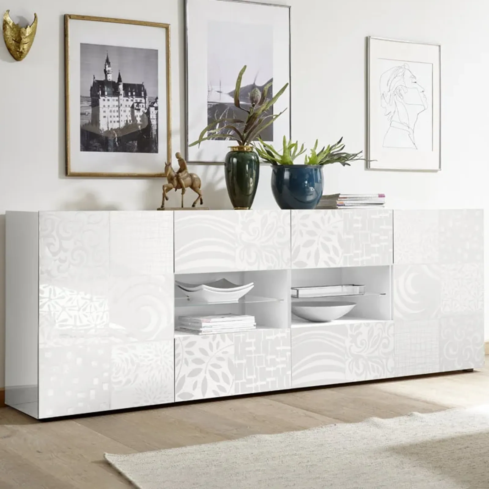 Garnero Arredamenti Credenze Moderne|Madie Moderne-Madia 241x84h cm 2 ante 4 cassetti Paradise Bianco Lucido