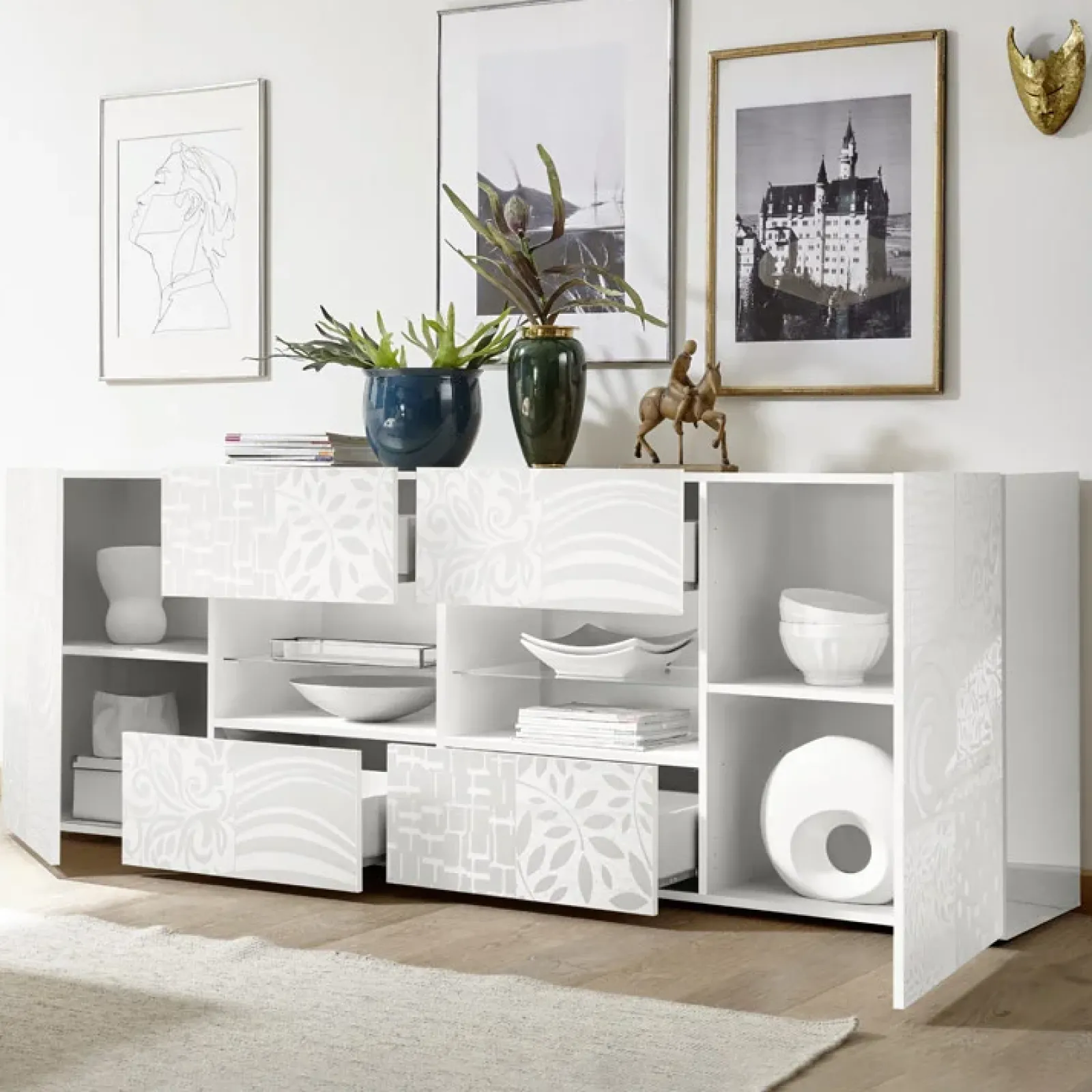 Garnero Arredamenti Credenze Moderne|Madie Moderne-Madia 241x84h cm 2 ante 4 cassetti Paradise Bianco Lucido