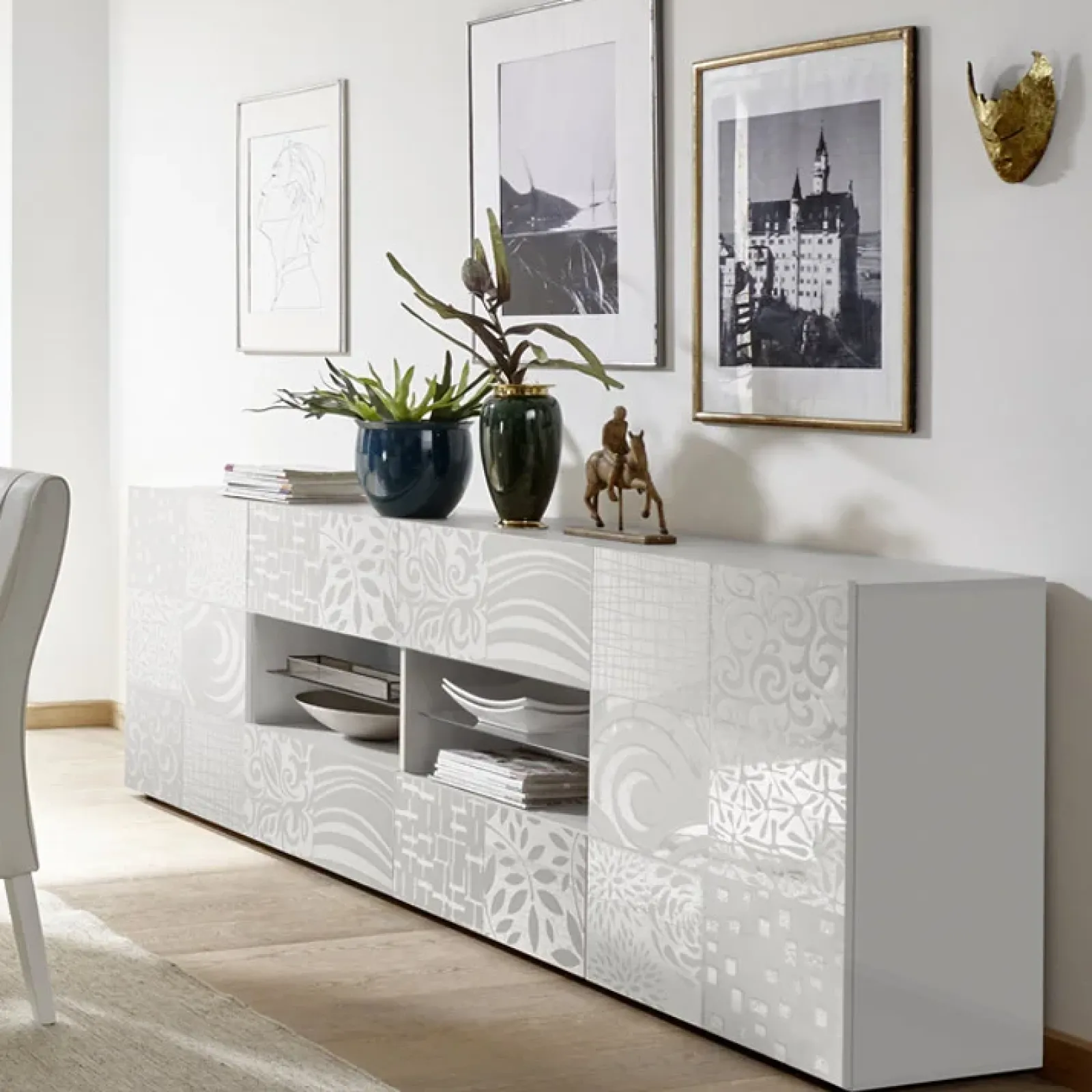 Garnero Arredamenti Credenze Moderne|Madie Moderne-Madia 241x84h cm 2 ante 4 cassetti Paradise Bianco Lucido