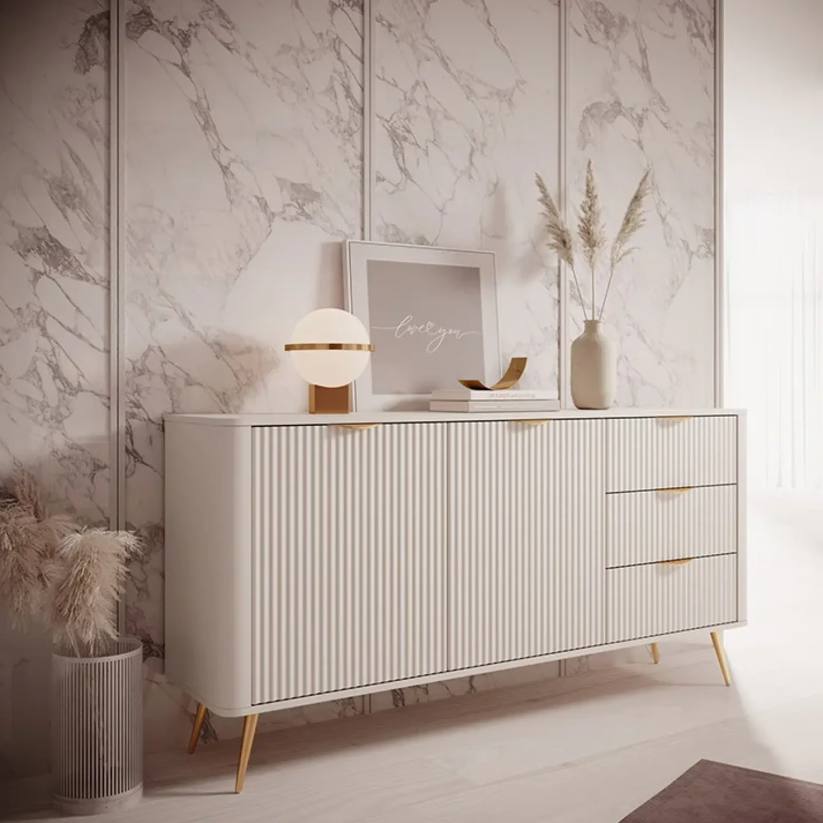 Garnero Arredamenti Madie Moderne|Madie Moderne-Madia 163x81h cm 2 ante 3 cassetti cannettato Ramis Beige