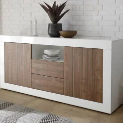 Garnero Arredamenti Credenze Moderne|Madie Moderne-Madia 184x86h cm 2 ante 2 cassetti bianco lucido noce Florena Bianco Lucido - Noce
