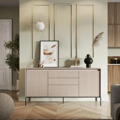 Garnero Arredamenti Madie Moderne|Madie Moderne-Madia 166x83h cm 2 ante 3 cassetti con led cannettato nero Camelia Beige