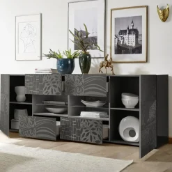 Garnero Arredamenti Credenze Moderne|Madie Moderne-Madia 241x84h cm 2 ante 4 cassetti moderna grigio lucido Paradise Antracite