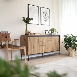 Garnero Arredamenti Madie Moderne|Madie Moderne-Madia  166x83h cm 2 ante 3 cassetti con led cannettato nero Camelia Rovere Rustico