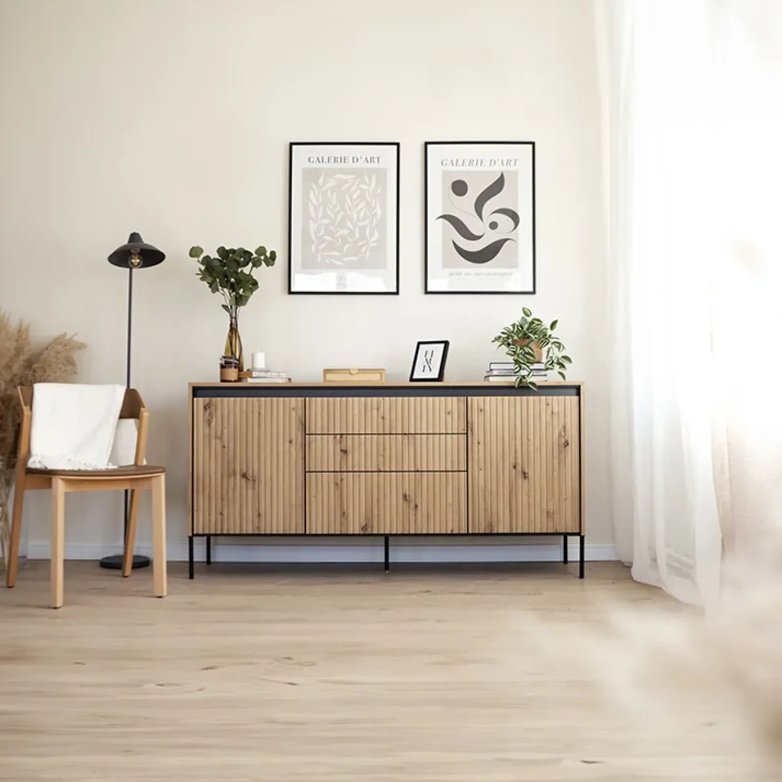 Garnero Arredamenti Madie Moderne|Madie Moderne-Madia 166x83h cm 2 ante 3 cassetti con led cannettato nero Camelia Rovere Rustico