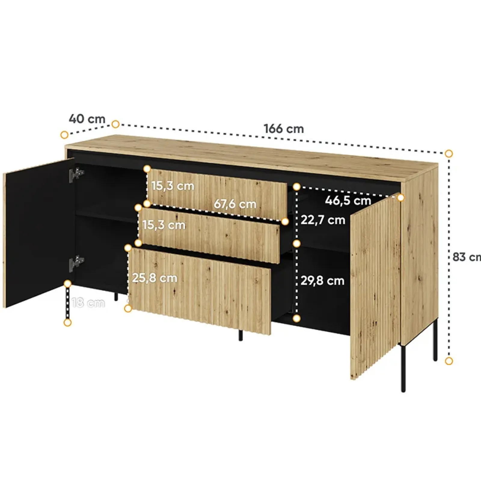 Garnero Arredamenti Madie Moderne|Madie Moderne-Madia 166x83h cm 2 ante 3 cassetti con led cannettato nero Camelia Rovere Rustico