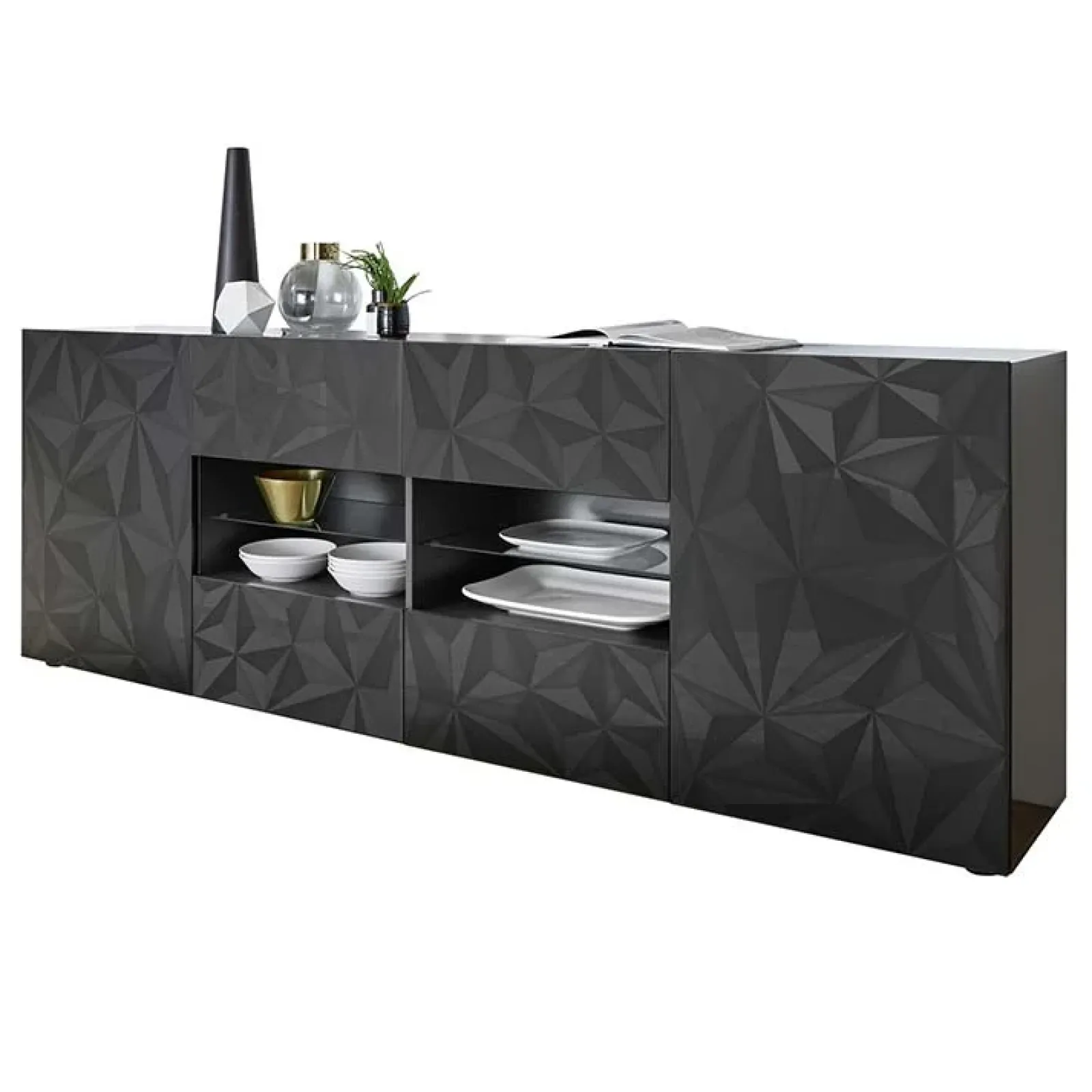 Garnero Arredamenti Credenze Moderne|Madie Moderne-Madia 241x84h cm 2 ante 4 cassetti grigio lucido con serigrafia Marvis