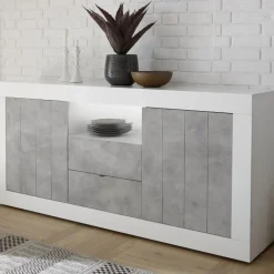 Garnero Arredamenti Credenze Moderne|Madie Moderne-Madia 184x86h cm 2 ante 2 cassetti bianco lucido cemento Florena Bianco Lucido - Cemento