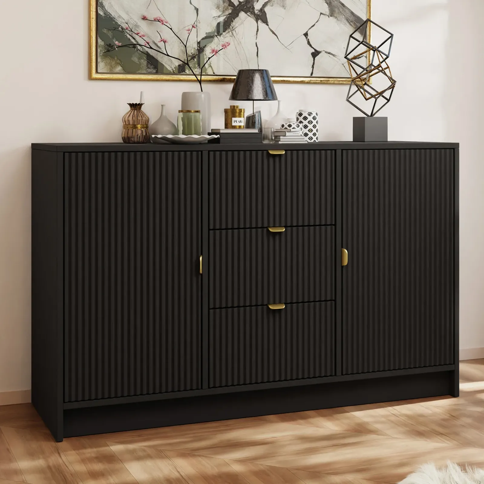 Garnero Arredamenti Madie Moderne|Madie Moderne-Madia 118x75h cm 2 ante 3 cassetti cannettato nero Athena Nero Opaco