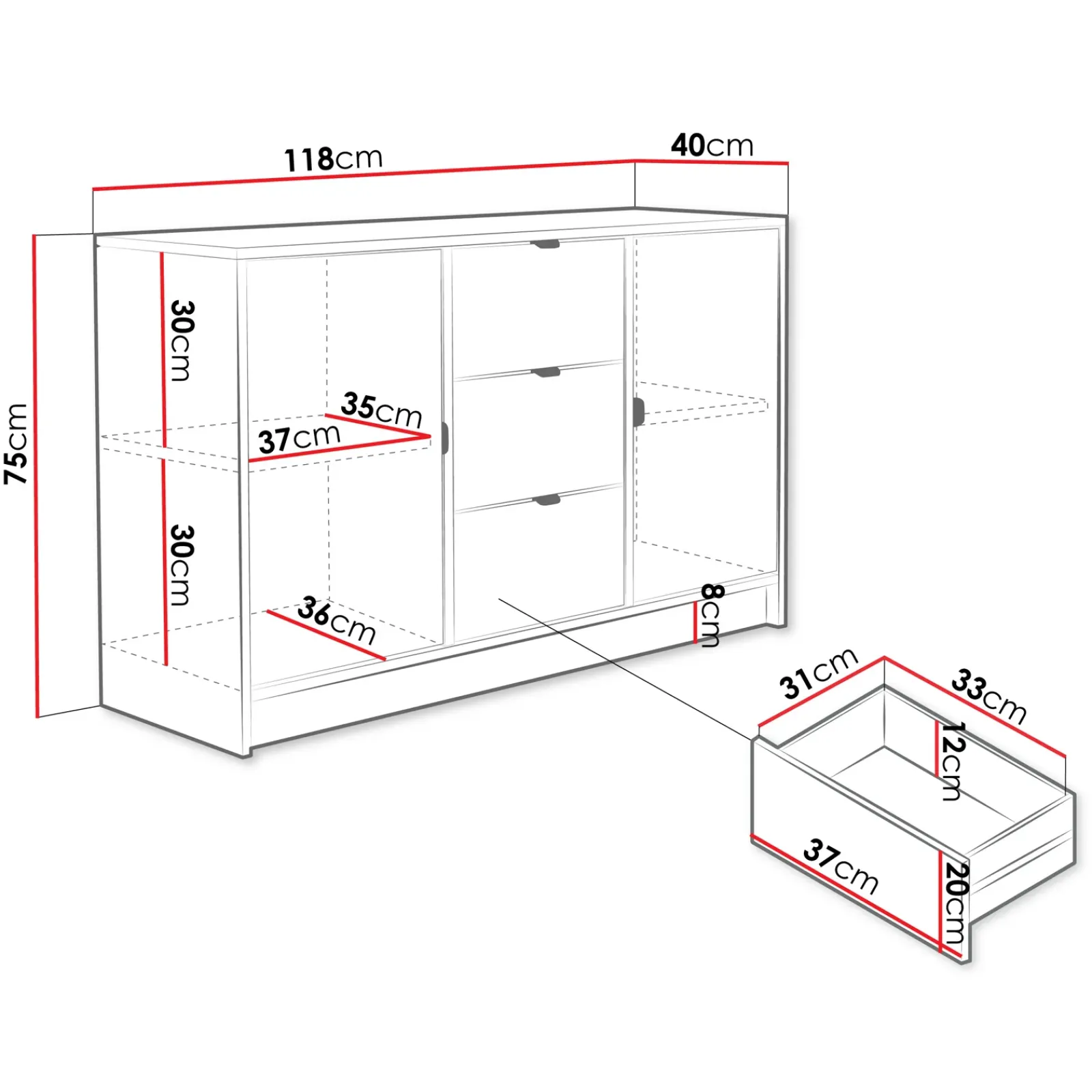 Garnero Arredamenti Madie Moderne|Madie Moderne-Madia 118x75h cm 2 ante 3 cassetti cannettato nero Athena Nero Opaco