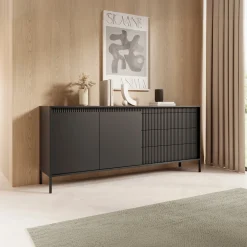 Garnero Arredamenti Madie Moderne|Madie Moderne-Madia 187x82h cm 2 ante 3 cassetti cannettato Ciar Nero Opaco