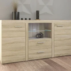 Garnero Arredamenti Madie Moderne|Madie Moderne-Madia 157x82h cm 2 ante 2 cassetti moderna con led chiaro Haarlem Rovere