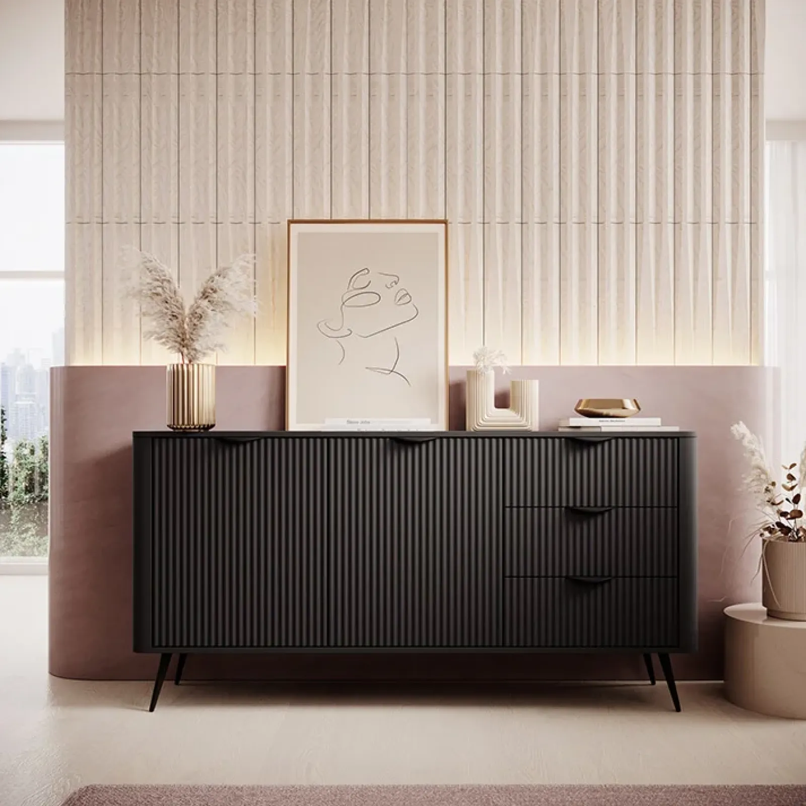 Garnero Arredamenti Madie Moderne|Madie Moderne-Madia 163x81h cm 2 ante 3 cassetti cannettato Ramis Nero Opaco