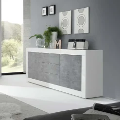 Garnero Arredamenti Credenze Moderne|Madie Moderne-Madia 210x86h cm 2 ante 3 cassetti moderna bianco lucido cemento Eternity Cemento - Bianco Lucido