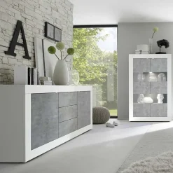 Garnero Arredamenti Credenze Moderne|Madie Moderne-Madia 210x86h cm 2 ante 3 cassetti moderna bianco lucido cemento Eternity Cemento - Bianco Lucido