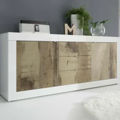 Garnero Arredamenti Credenze Moderne|Madie Moderne-Madia 210x86h cm 2 ante 3 cassetti moderna bianco lucido pero Eternity Rovere - Bianco Lucido