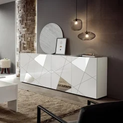 Garnero Arredamenti Credenze Moderne|Madie Moderne-Madia 241x84h cm 4 ante con specchio e serigrafia Olimpo Bianco Lucido