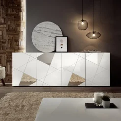 Garnero Arredamenti Credenze Moderne|Madie Moderne-Madia 241x84h cm 4 ante con specchio e serigrafia Olimpo Bianco Lucido