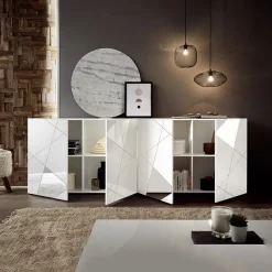 Garnero Arredamenti Credenze Moderne|Madie Moderne-Madia 241x84h cm 4 ante con specchio e serigrafia Olimpo Bianco Lucido