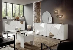 Garnero Arredamenti Credenze Moderne|Madie Moderne-Madia 241x84h cm 4 ante con specchio e serigrafia Olimpo Bianco Lucido