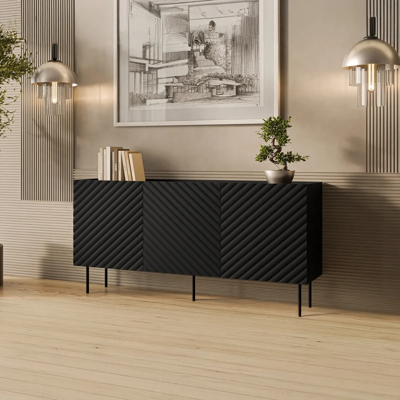 Garnero Arredamenti Credenze Moderne|Madie Moderne-Madia 166x80h cm 3 ante con frontali decorati nero Daniele Nero Opaco