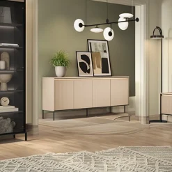 Garnero Arredamenti Madie Moderne|Madie Moderne-Madia 193x83h cm 4 ante con led cannettato nero Camelia Beige