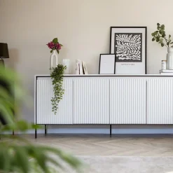 Garnero Arredamenti Madie Moderne|Madie Moderne-Madia 193x83h cm 4 ante con led cannettato nero Camelia Bianco Opaco