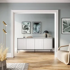 Garnero Arredamenti Madie Moderne|Madie Moderne-Madia 193x83h cm 4 ante con led cannettato nero Camelia Bianco Opaco