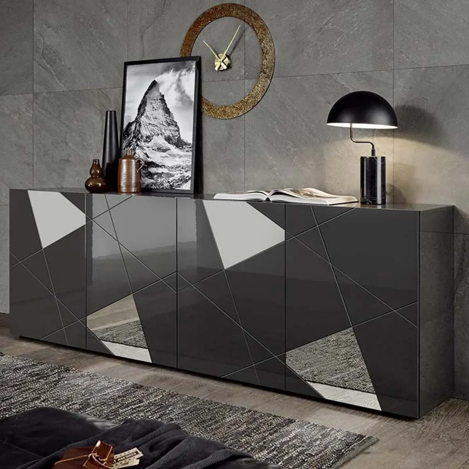 Garnero Arredamenti Credenze Moderne|Madie Moderne-Madia 241x84h cm 4 ante grigio lucido specchio con serigrafia Olimpo Antracite