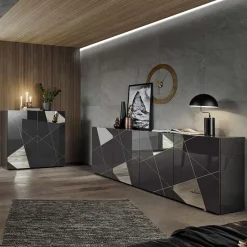 Garnero Arredamenti Credenze Moderne|Madie Moderne-Madia 241x84h cm 4 ante grigio lucido specchio con serigrafia Olimpo Antracite