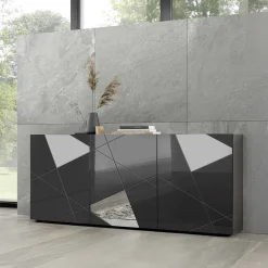 Garnero Arredamenti Credenze Moderne|Madie Moderne-Madia 181x84h cm 3 ante grigio lucido specchio con serigrafia Olimpo Antracite