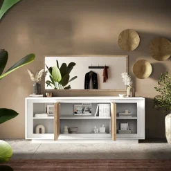 Garnero Arredamenti Credenze Moderne|Madie Moderne-Madia 207x80h cm 4 ante moderna bianco opaco rovere chiaro Deluxe Rovere - Bianco opaco