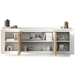 Garnero Arredamenti Credenze Moderne|Madie Moderne-Madia 207x80h cm 4 ante moderna bianco opaco rovere chiaro Deluxe Rovere - Bianco opaco