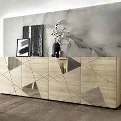 Garnero Arredamenti Credenze Moderne|Madie Moderne-Madia 241x84h cm 4 ante moderna samoa specchio con serigrafia Olimpo Rovere