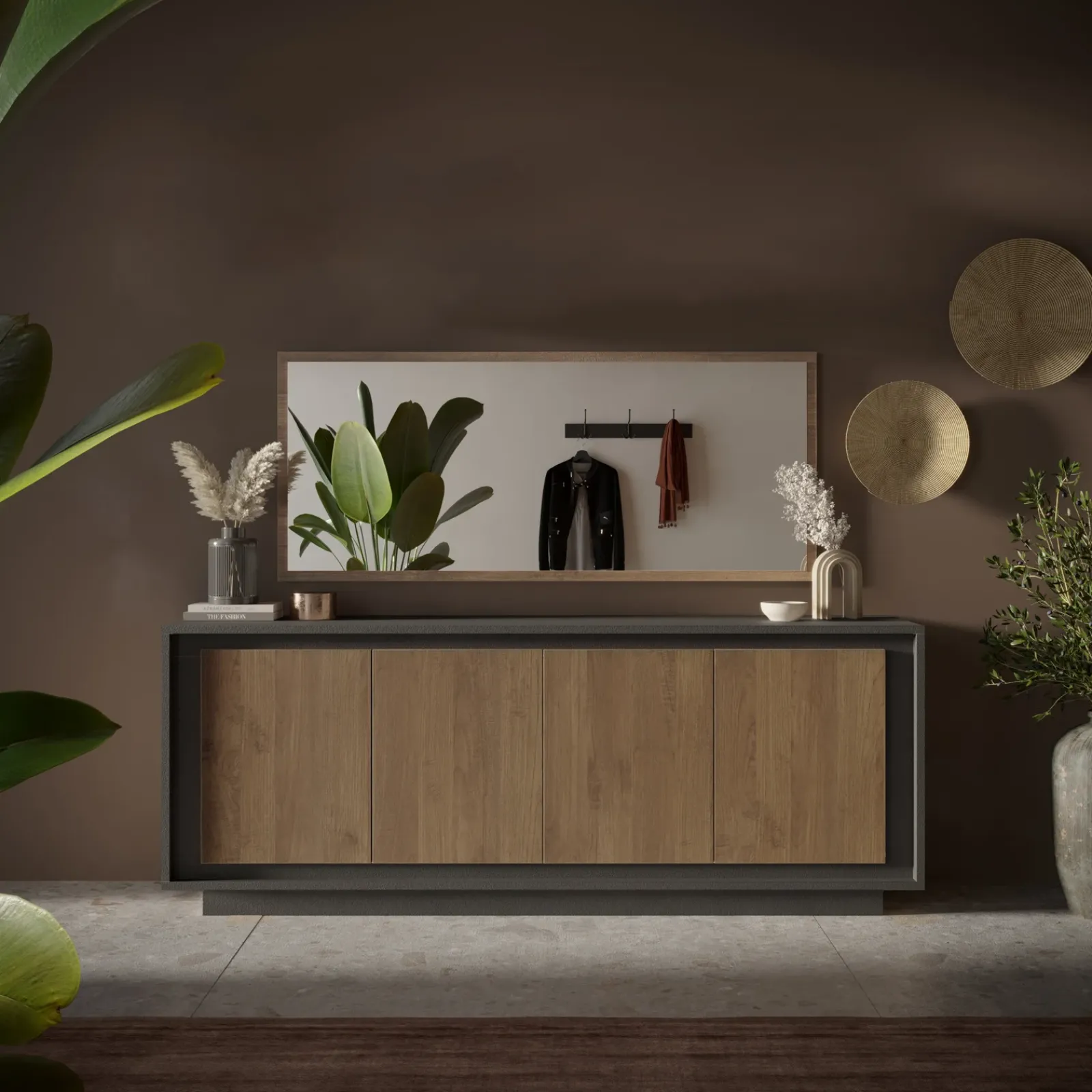 Garnero Arredamenti Credenze Moderne|Madie Moderne-Madia 207x80h cm 4 ante moderna antracite rovere scuro Deluxe Antracite - Rovere Rustico