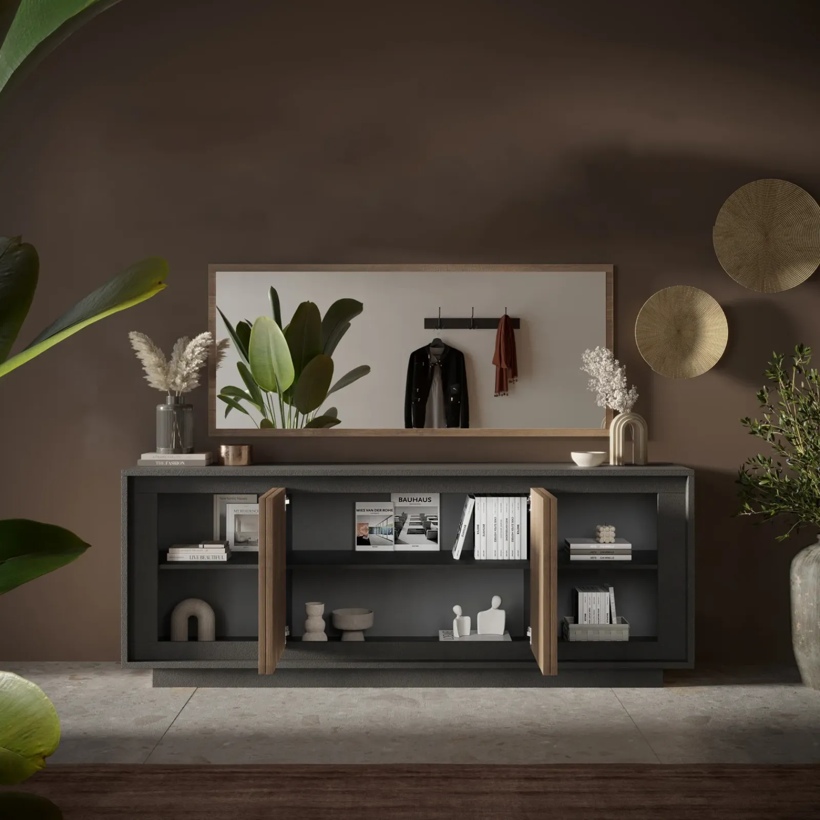 Garnero Arredamenti Credenze Moderne|Madie Moderne-Madia 207x80h cm 4 ante moderna antracite rovere scuro Deluxe Antracite - Rovere Rustico