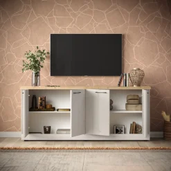 Garnero Arredamenti Madie Moderne|Madie Moderne-Madia 211x88h cm 4 ante moderna soggiorno rovere bianco frassinato Doria