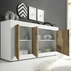 Garnero Arredamenti Credenze Moderne|Madie Moderne-Madia 160x86h cm 3 ante moderna bianco lucido pero Eternity Rovere - Bianco Lucido
