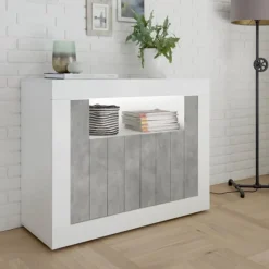 Garnero Arredamenti Credenze Moderne|Madie Moderne-Madia 110x86h cm 2 ante moderna soggiorno bianco lucido cemento Florena Bianco Lucido - Cemento