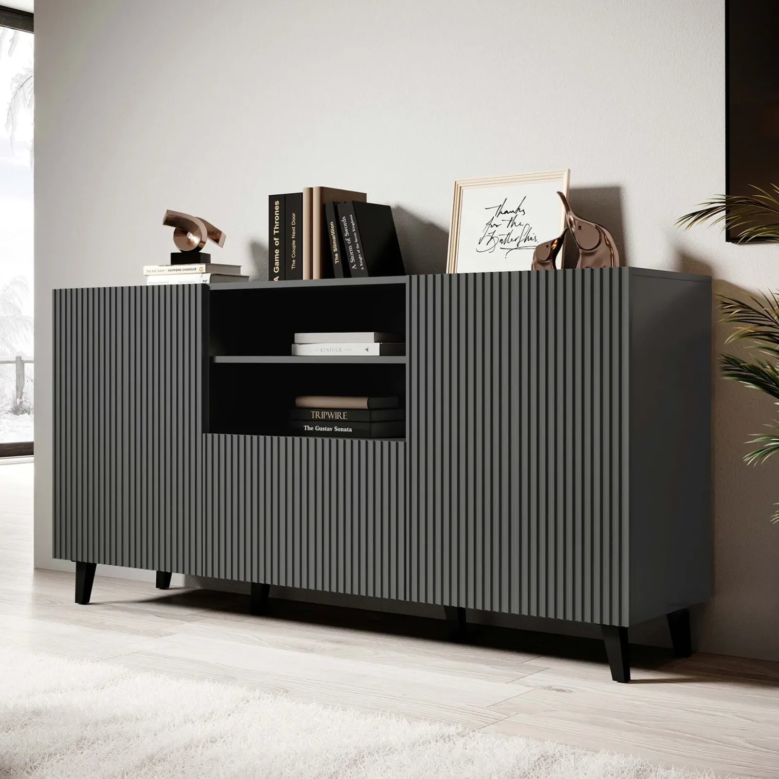 Garnero Arredamenti Madie Moderne|Madie Moderne-Madia 151x83h cm 3 ante moderna industrial cannettato Essence Antracite