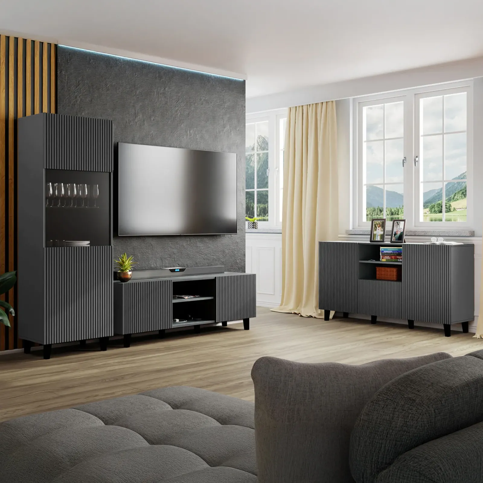 Garnero Arredamenti Madie Moderne|Madie Moderne-Madia 151x83h cm 3 ante moderna industrial cannettato Essence Antracite