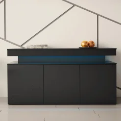 Garnero Arredamenti Credenze Moderne|Madie Moderne-Madia 160x83h cm 3 ante moderna con led nero Lumus Nero Lucido