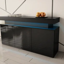 Garnero Arredamenti Credenze Moderne|Madie Moderne-Madia 160x83h cm 3 ante moderna con led nero Lumus Nero Lucido