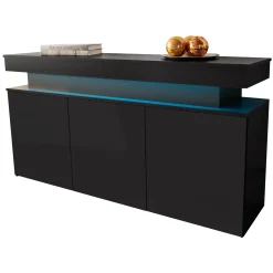 Garnero Arredamenti Credenze Moderne|Madie Moderne-Madia 160x83h cm 3 ante moderna con led nero Lumus Nero Lucido
