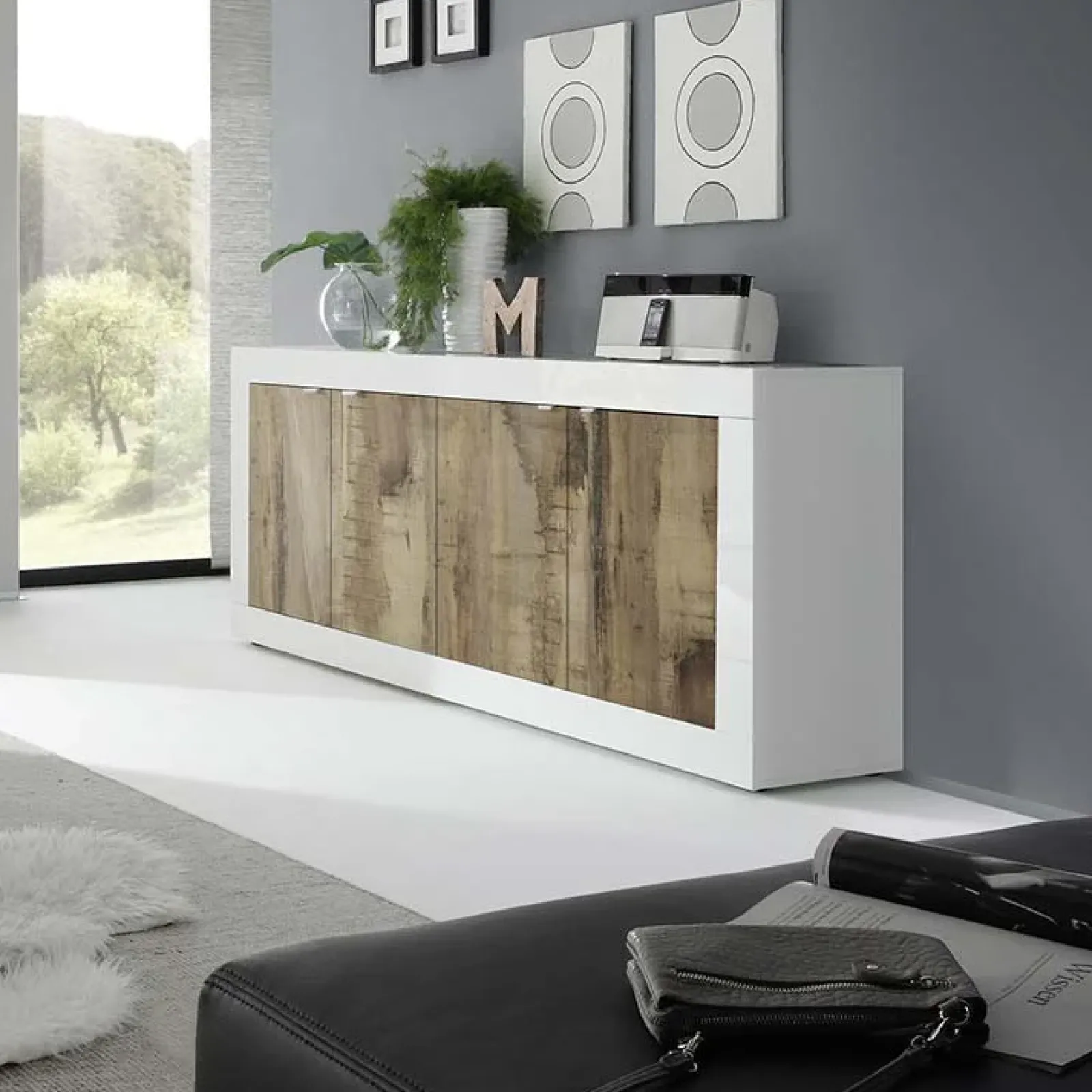 Garnero Arredamenti Credenze Moderne|Madie Moderne-Madia 207x86h cm 4 ante moderna soggiorno bianco lucido pero Eternity Rovere - Bianco Lucido