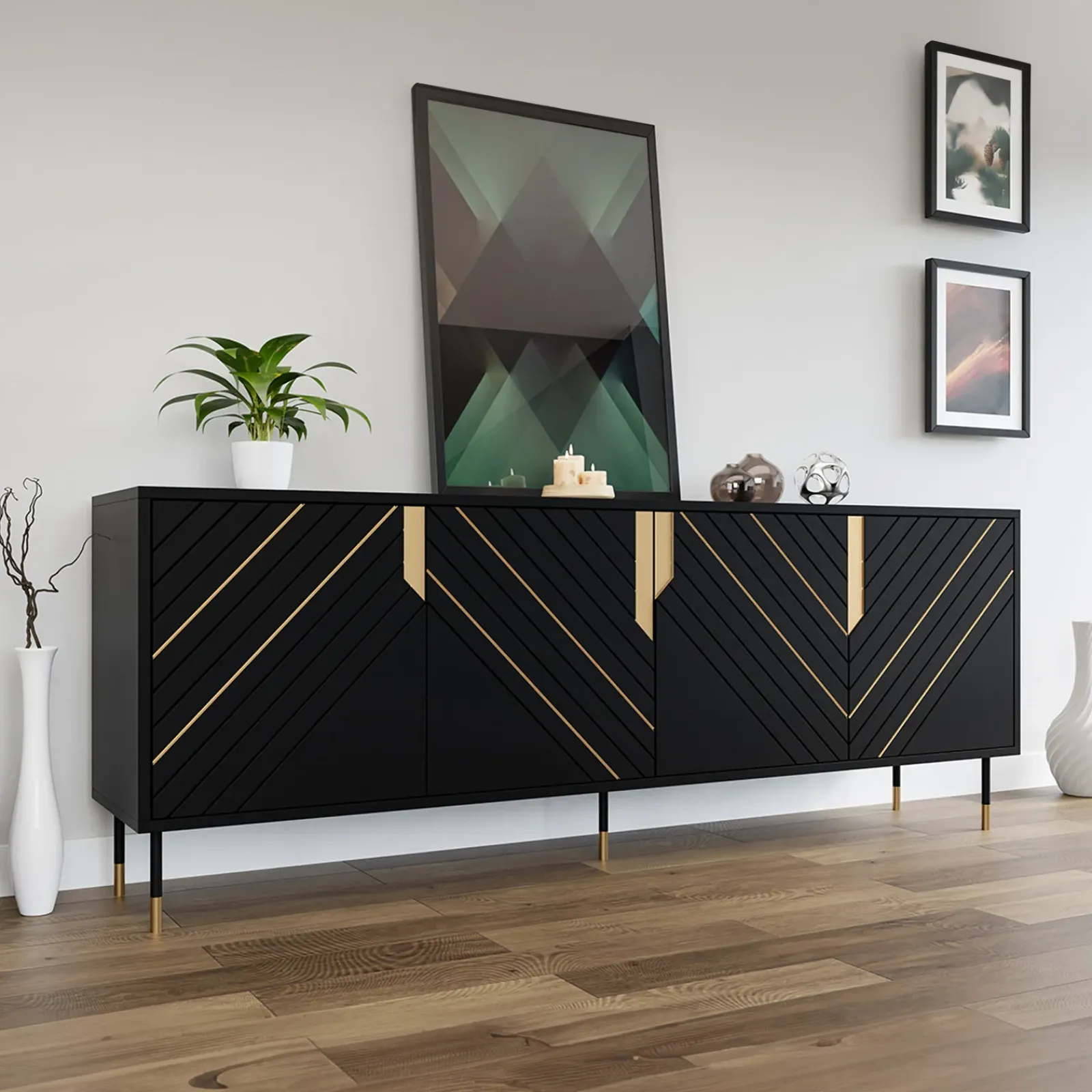 Garnero Arredamenti Credenze Moderne|Madie Moderne-Madia 204x72h cm 4 ante moderna design nero oro Golden